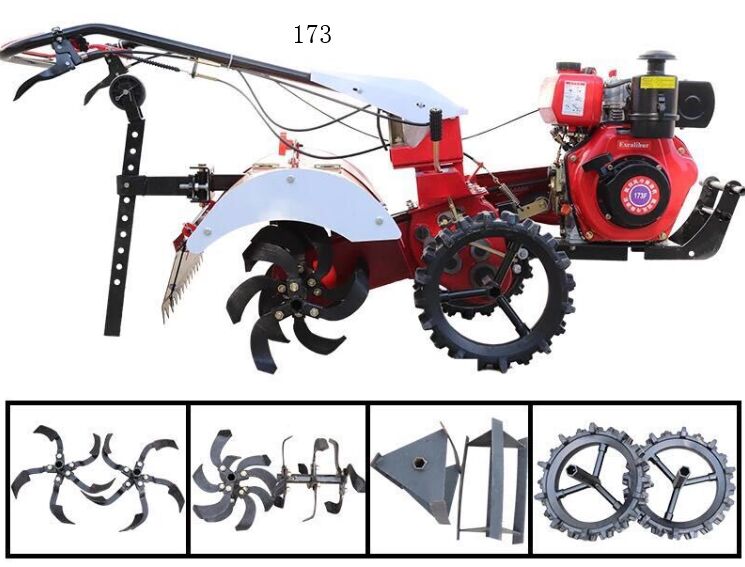 173 air cooling diesel engine tractor+ditching knife + rotary tiller+ weeding wheel + solid tires: